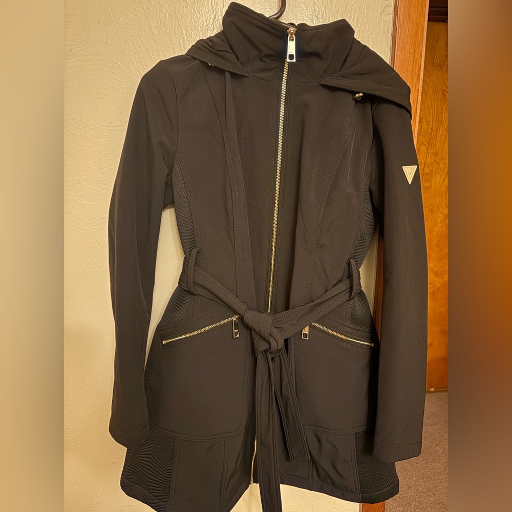 Guess Black Trench Coat with Belted Waist and High Collar